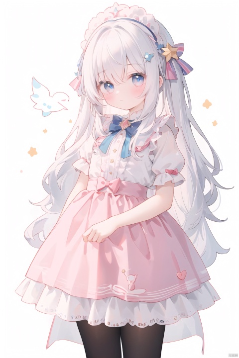  A girl standing alone, wearing a dreamy dress, standing in front of a pure white background, expressionless.The picture style is a soft Pastel Kawaii style, with warm and soft colors.The girl's hair accessory is decorated with star barrettes, and behind her are dreamy unicorns and clouds.Her clothes are quintessentially Kawaii, full of Harajuku, decorated with lace, bows, and cute colors.There are also shimmering lights and angelic elements and stars incorporated into the image.The girl's hair is a pastel shade and she is wearing loose-fitting street fashion clothing, with one of her hands hidden.Her long white hair is tied with a wide pink bow, giving off a Cuteloli vibe.The picture quality is extremely high, delicately capturing the body curves of a young girl, as if she were a Russian girl.She is 17 years old, has long flowing hair, and wears a lacy tights and lace skirt.Her hair is decorated with exquisite ornaments, her eyes are beautiful, and the whole picture is full of beauty and aesthetics.The reso