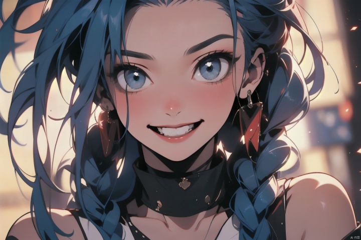  1 girl, singing solo, with long hair, looking at the audience, blushing, smiling, opening her mouth, bangs, braids, blue hair, blue eyes, shirt, bare shoulders,大笑，插画风