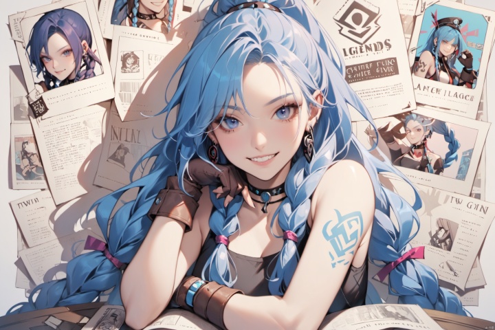 1girl, solo, long hair, looking at viewer, smile, bangs, blue eyes, gloves, bare shoulders, jewelry, blue hair, upper body,  earrings, teeth, choker, black gloves, fingerless gloves, grin, twin braids, tattoo, brown gloves, head rest, asymmetrical bangs,braided ponytail,shoulder tattoo, jinx \(league of legends\)forehead,ponytail,