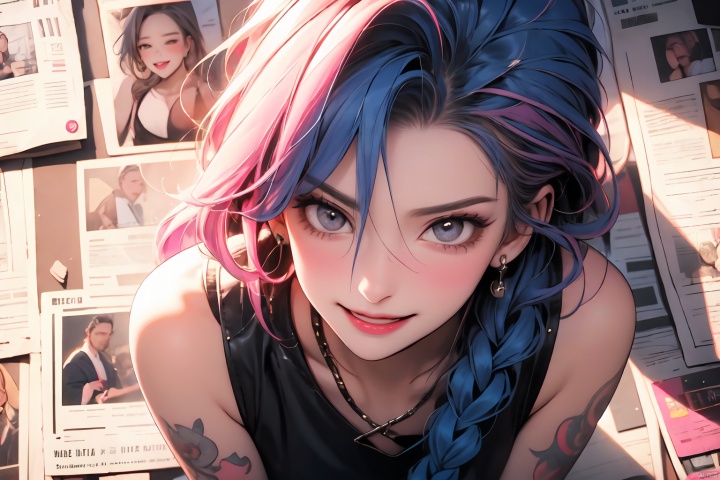  Pink hair, small breasts, vest, wallpaper, 1 girl, solo, braid on chest, forehead, laugh, game cg, newspaper poster background, cute tattoo, ponytail, blue pupils, oval face, chest, blue hair, pointy chin, vest, 1 girl criss-cross suspenders, Tydall effe, chest, vest, ponytail, Blue pupils, oval face, bangs, leather vest, moire body, highlights, guitar, metal guitar,Hair with highlights, newspaper