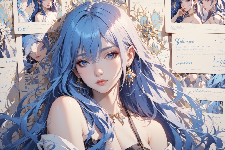  background, 1girl, solo, jewelry, earrings, long hair, blue hair, upper body, bare shoulders, hair between eyes, looking at viewer, bangs, lips, closed mouth,