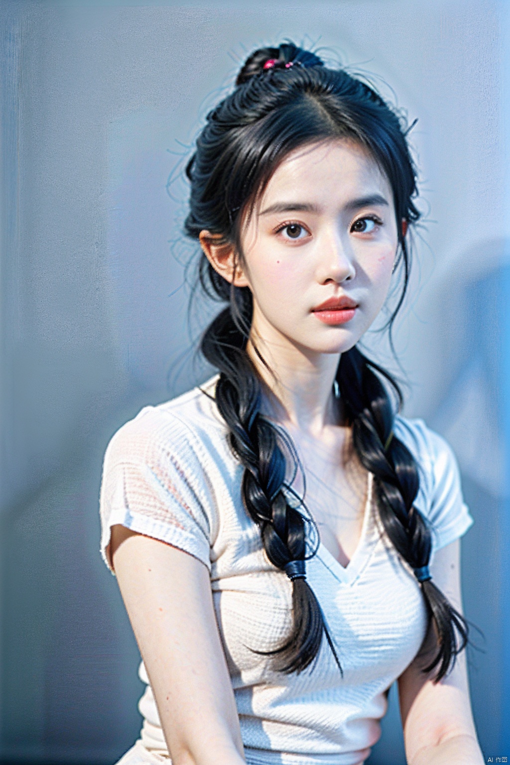 upper_body,1girl,solo,braid,looking at viewer,black hair,simple background,bangs,closed mouth,realistic,twin braids,black eyes,upper body,mole,blunt bangs,grey background,hunsha,Hanfu,fairy tale girl,weddingdress,liuyifei,**,湿漉漉的,低胸