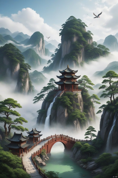 dongfangmeixue,SM,landscape\(jade carving style,nature,mountain,pine tree,forest,east asian architecture,foggy road section,cliffs,dangerous peaks,waterfall,clouds,sea of fog,pavilions,mist around the mountains,birds\), masterpiece,best quality,unreal engine 5 rendering,movie light,movie lens,movie special effects,detailed details,HDR,UHD,8K,CG wallpaper
, Pixelart,山水如画