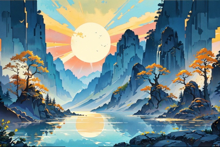 Mountains and rivers, Lake, Breeze, The sun shines brightly, Plants and trees sprout, The air is clear and the scenery is bright, Everything is revealed, full of vigour, Refreshing and warm, Spring, National tide, Illustration