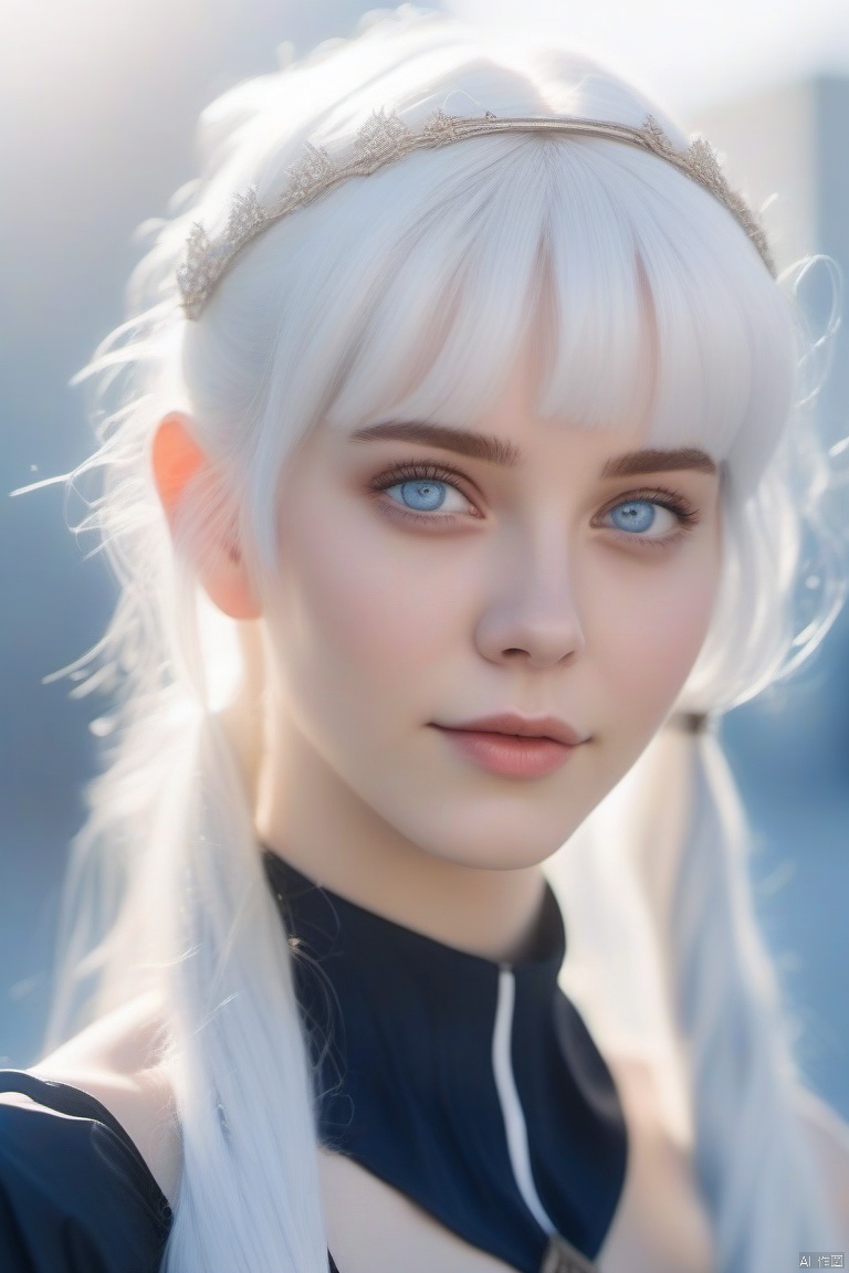 white hair, forehead bangs, blue eyes, pretty girl, sunny and cheerful.signifying the power of truth, judgment of doom, feminine energy