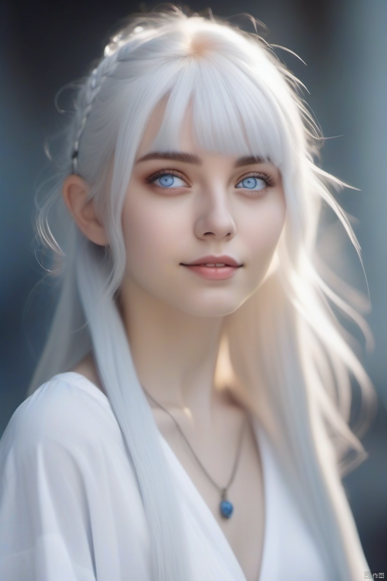 white hair, forehead bangs, blue eyes, pretty girl, sunny and cheerful.signifying the power of truth, judgment of doom, feminine energy