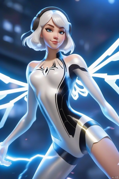  angle wings,mechanical body,white hair, forehead bangs, blue eyes, pretty girl, sunny and cheerful.signifying the power of truth, judgment of doom, feminine energy。Spider Gwen, good at playing the drums, before obtaining the ability of the spider life is very chaotic, after obtaining the ability of the same, but because of the sacrifice of a close friend and became a turning point, so very much cherish the ability and dedication to it!