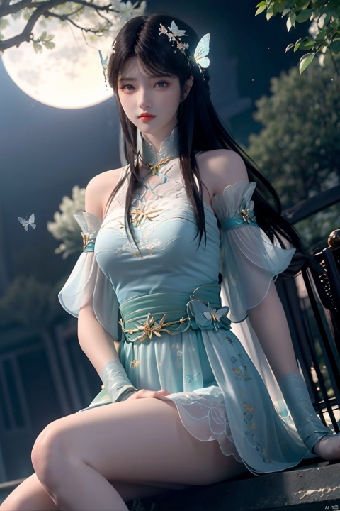  1girl, bare_shoulders, bird, blue_eyes, breasts, bug, butterfly, cloud, full_moon, hair_ornament, long_hair, looking_at_viewer, medium_breasts, moon, moonlight, night, night_sky, sitting, sky, solo, star_\(sky\), starry_sky, white_butterfly