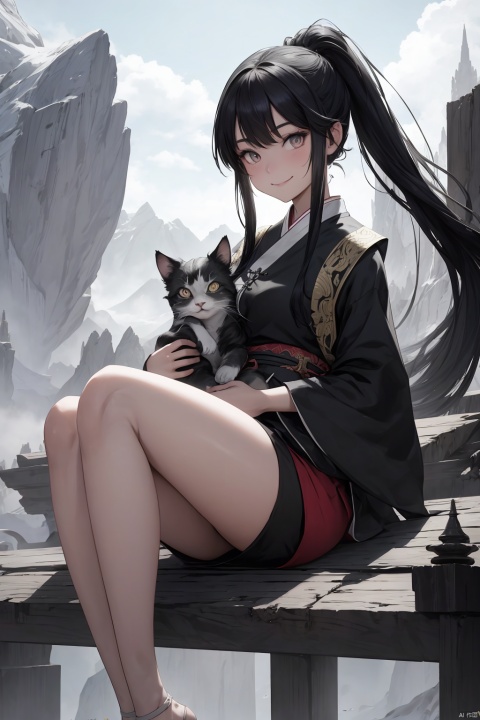 A young girl with long black hair in a pony tail, large eyes, and a plump figure, wearing a smile, holds a playful gray cat in her arms, quietly sitting and gazing at the audience. The landscape serves as the backdrop, featuring ink-style mountains, trees, flowing water, girls, cats, birds, flowers, grass, a futuristic setting, with a super-fantasy flair. The image features a deep sense of perspective, with optimal proportions, rendered in, 8K HD, high-resolution, AI Traditional Ink Painting