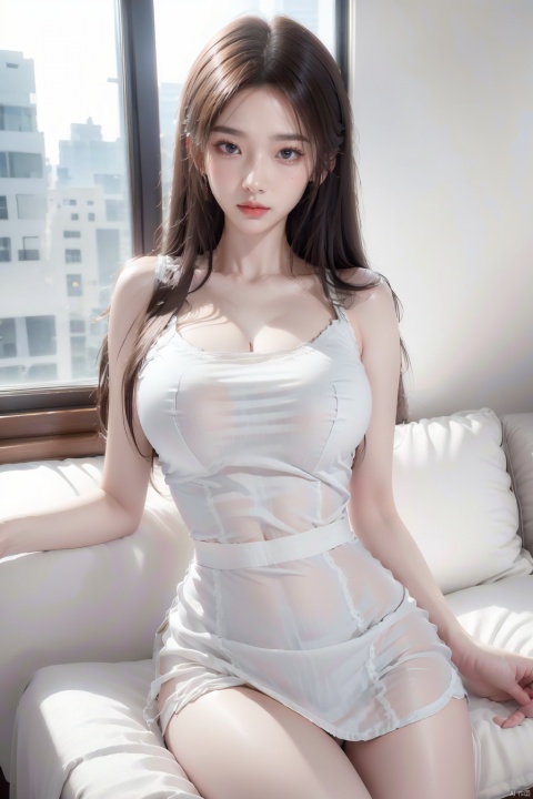 1 girl sitting on the bedroom bed, wearing sexy clothes, school uniform, uniform, white clothes, outdoor light shining into the room, sexy face, charming expression, hands supporting, sitting, super realistic, best quality, ultra-high definition, biting lips, half body, up close, close-up, linzhiling, office lady, pf-hd