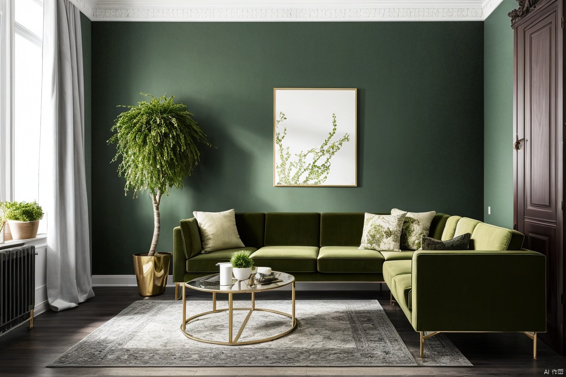 A corner of the living room filled with decorations, a simple chair, a tall green plant, (corner of the living room: 1), a dark green environment, single tone, exquisite luxury, high-definition, high-quality, high-resolution, no one,