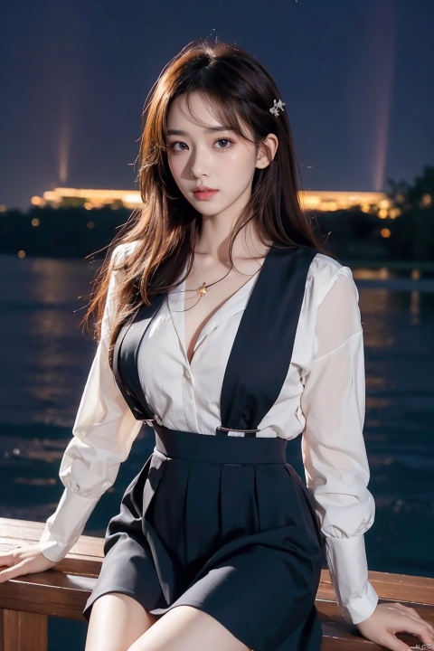A girl sitting by the lake, comfortably enjoying the beautiful night, black hair, long hair, big waves, natural beauty, colorful aurora starry sky, shadows reflecting on the lake surface, wearing a sexy suspender skirt, deep blue skirt, wearing a piece of clothing, sitting posture, peaceful environment, peaceful mood, aurora, starry sky, comfortable position, young girl, innocent expression, close up, close-up, (big chest: 1.6), ultra-high resolution image, high-definition resolution, linzhiling
