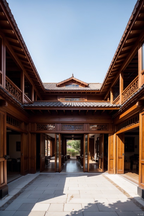 There is an ancient Eastern building in front of us, with tall door frames, finely carved eaves, ((red tiles)), wooden structure, and a courtyard covered with bluestone slabs. The red tone is full of unique Chinese style, with super details, perfect proportions, optimal angles, 8K HD, and ultra-high resolution, AI Chinese Style