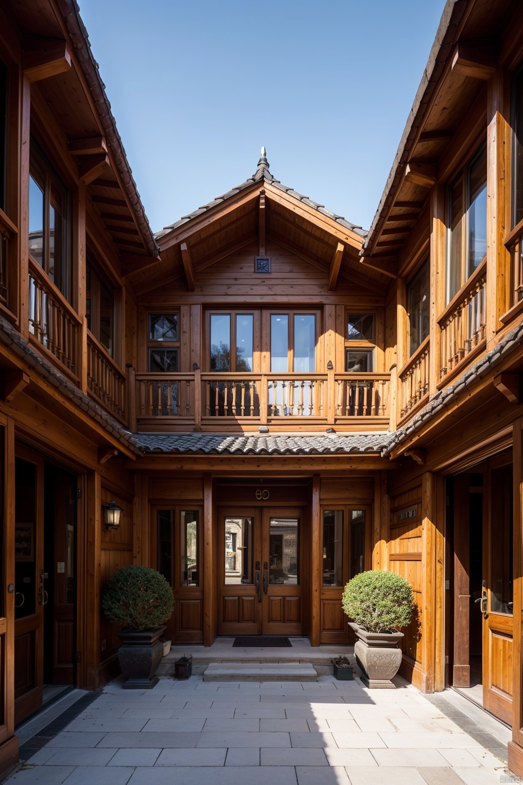 There is an ancient Eastern building in front of us, with tall door frames, finely carved eaves, (with red tiles on the roof), wooden structure, and a courtyard covered with bluestone slabs. The red tone is full of unique Chinese style, with super details, perfect proportions, optimal angles, 8K HD, and ultra-high resolution, AI Chinese Style