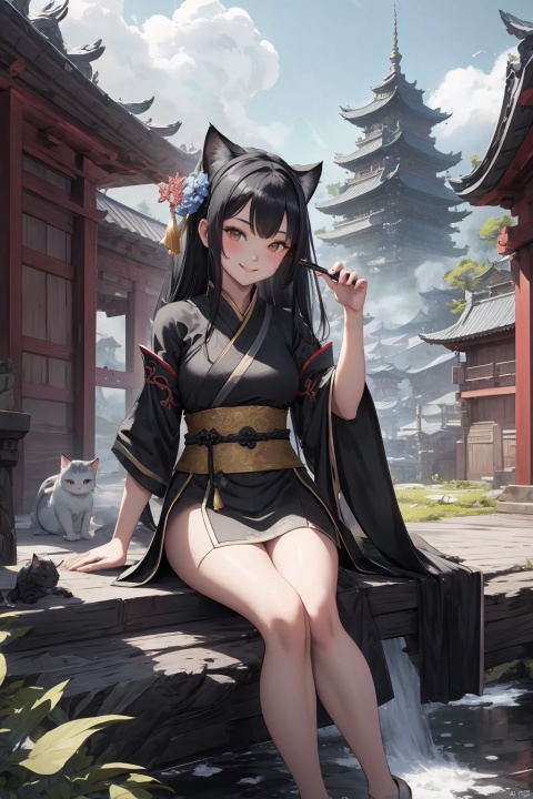 A young girl with long black hair, big eyes, a plump figure, a smiling expression, holding a mischievous and cute gray cat in her hand, sitting quietly, watching the audience. The landscape background, ink style, mountains, trees, flowing water, girls, cats, birds, flowers, grass, pavilions, corridors, the future world, super fantasy, depth of field effect, the best proportion, 8K HD, high-resolution, AI Traditional Ink Painting,AI Ink Landscape