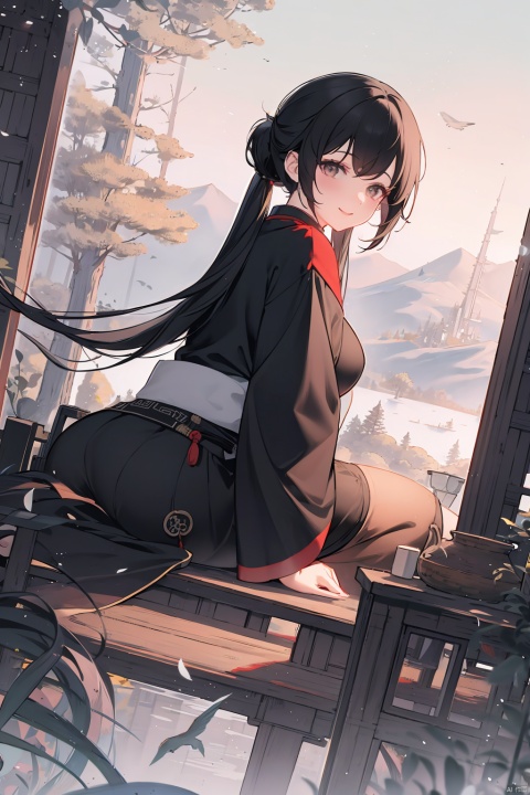 A young girl with jet black double ponytails, big eyes, a plump figure, a smile on her face, wearing a red short skirt, sits quietly gazing at the audience. The forest serves as the background, featuring ink style mountains, trees, forests, girls, and birds. This is a futuristic environment with a strong fantasy talent. This photo has a deep perspective, the best proportion, close ups, 8K high-definition, and high-resolution, AI Traditional Ink Painting