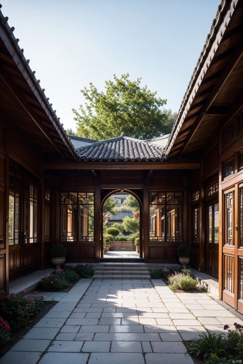 In the distance, there is an ancient Eastern building surrounded by flowers, plants, and trees, with tall door frames, finely carved eaves, blue tiles, wooden structures, and a courtyard covered with bluestone slabs. It is full of unique Chinese style, with super details, perfect proportions, optimal angles, 8K HD, and ultra-high resolution, AI Chinese Style