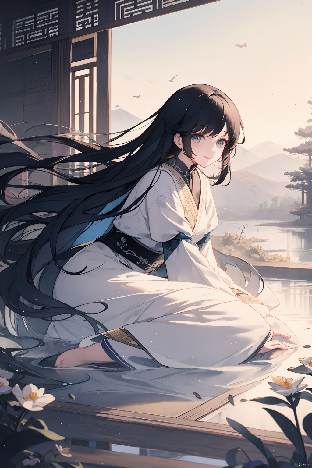 A young girl with long black hair, big eyes, and a plump figure, with a smile on her face and wearing white armor, sits quietly gazing at the audience. The spring climate is set against mountains and rivers, with ink style mountains, trees, flowing water, girls, and birds as its distinctive colors. This is a futuristic environment with a strong talent for fantasy. This photo has a deep perspective, the best proportion, close ups, 8K HD, and high resolution, AI Traditional Ink Painting