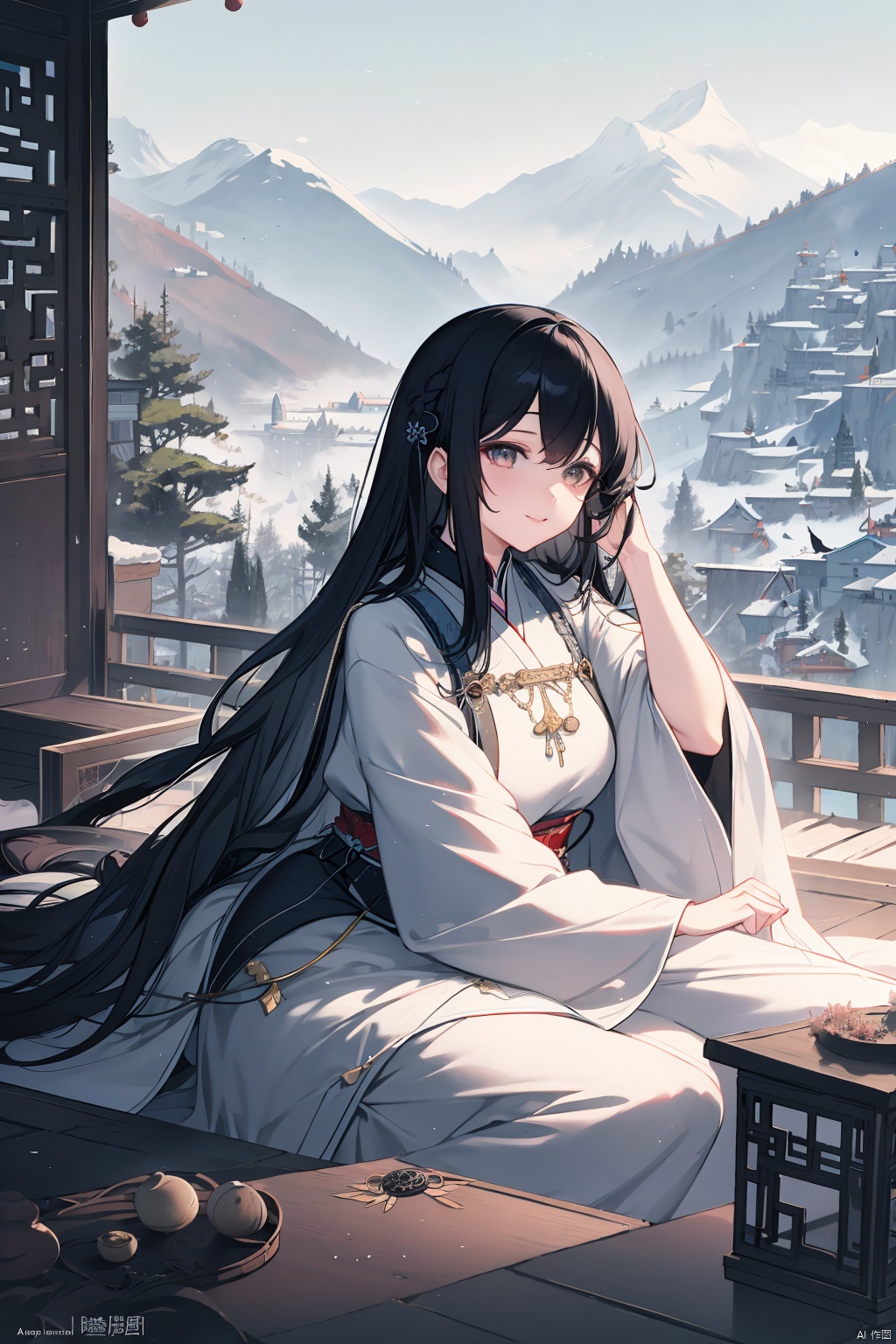 A young girl with long black hair, big eyes, a plump figure, a smile on her face, dressed in white armor, sits quietly gazing at the audience. The spring climate is set against mountains and rivers, with ink style mountains, trees, flowing water, girls, and birds as its characteristics. This is a futuristic environment with a strong talent for fantasy. This photo has a deep perspective, the best proportion, close ups, 8K HD, and high-resolution, AI Traditional Ink Painting