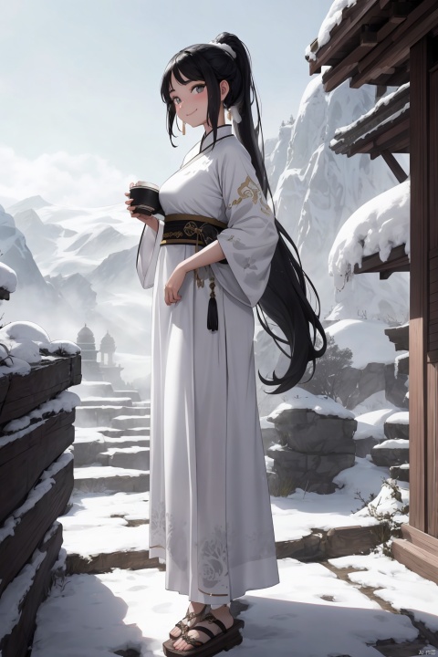 A young girl, with long black hair in a ponytail, big eyes, a plump figure, a smile on her face, dressed in a white long dress and ancient attire, sat quietly gazing at the audience. The winter climate, with snow as the background, features ink style mountains, trees, flowing water, girls, and birds. This is a futuristic environment with a strong fantasy talent. This image has a deep sense of perspective, with the best proportion, 8K - high definition, high resolution, AI Traditional Ink Painting
