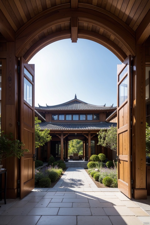 In the distance, there is an ancient Eastern building surrounded by flowers, plants, and trees, with tall door frames, finely carved eaves, blue tiles, wooden structures, and a courtyard covered with bluestone slabs. It is full of unique Chinese style, with super details, perfect proportions, optimal angles, 8K HD, and ultra-high resolution, AI Chinese Style