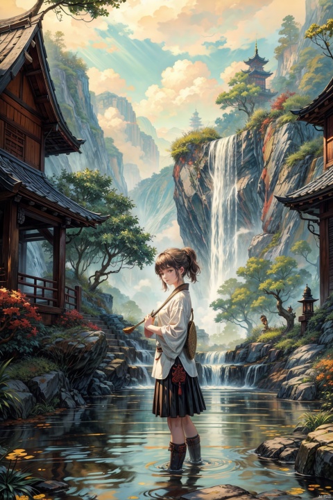 Below the white clouds lies a distant mountain jungle, surrounded by an ancient building surrounded by a forest. Standing in front of me is a beautiful and charming little girl wearing a white shirt and a black short skirt. In the cool autumn season, this place is full of golden painting style. The waterfall in the mountains flows with fine water, and there is a small path paved with stone slabs in front of me. A thick and large tree is behind the girl, and ink painting is used. The colorful scene is exquisitely crafted with the best proportion, 8K high-definition, and ultra-high resolution, AI Ink Landscape, AI Chinese Style