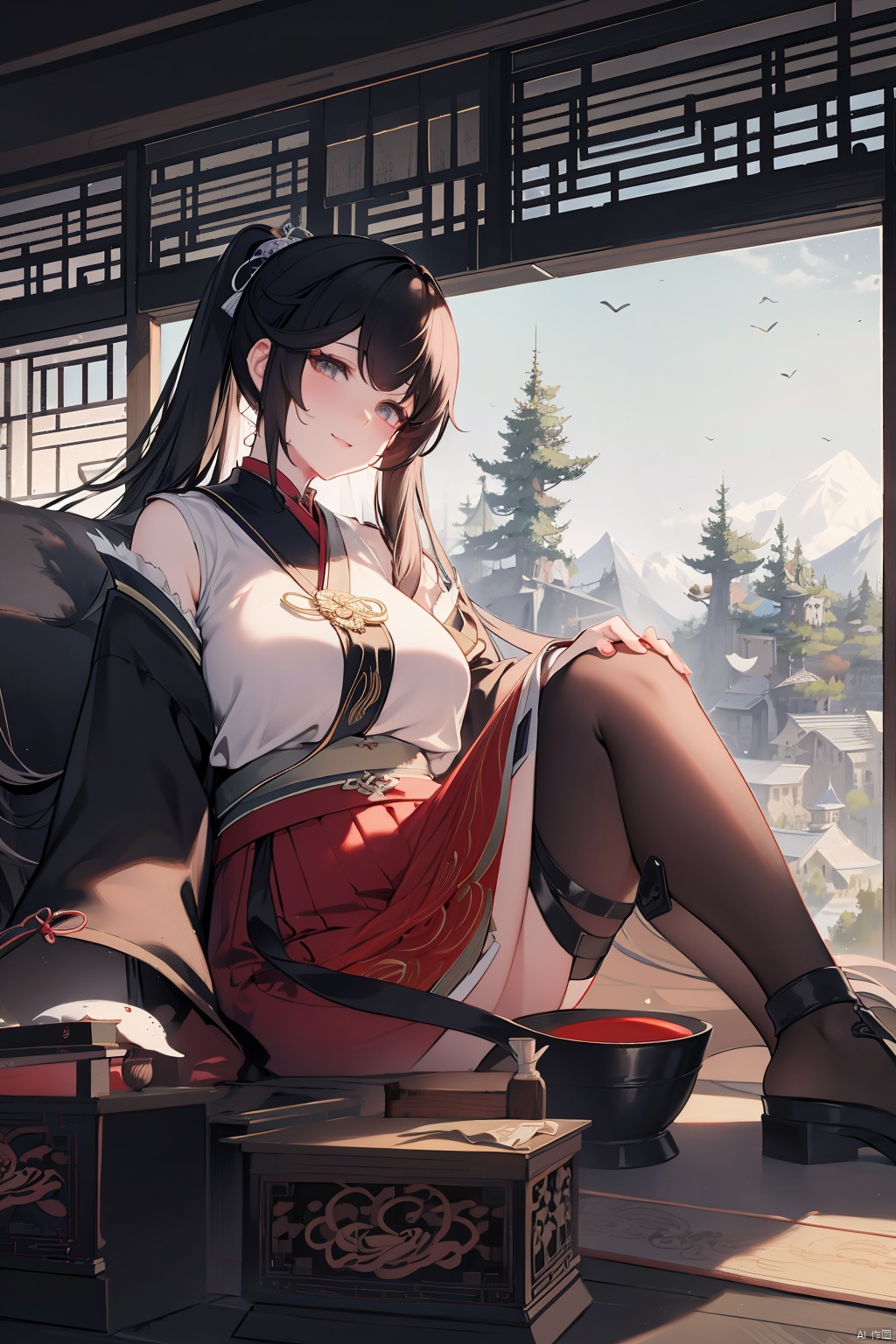 A young girl with jet black double ponytails, big eyes, a plump figure, a smile on her face, wearing a red short skirt, sits quietly gazing at the audience. The forest serves as the background, featuring ink style mountains, trees, forests, girls, and birds. This is a futuristic environment with a strong fantasy talent. This photo has a deep perspective, the best proportion, close ups, 8K high-definition, and high-resolution, AI Traditional Ink Painting