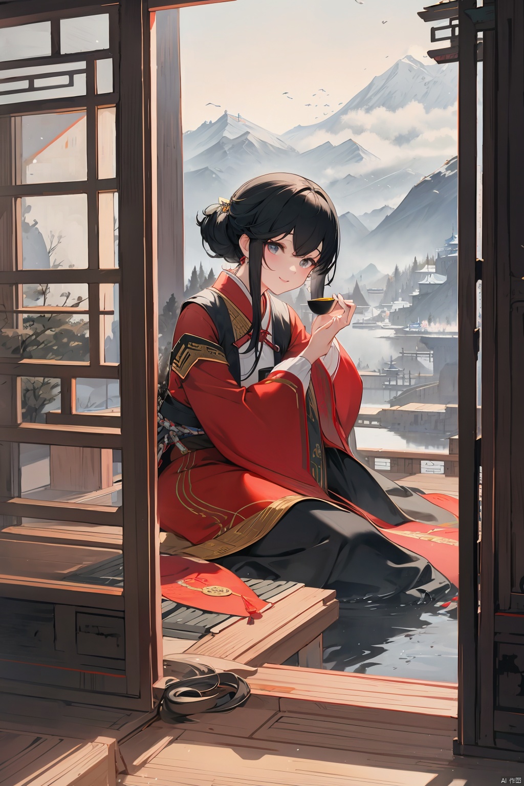 A young girl with jet black double ponytailed hair, big eyes, a plump figure, a smile on her face, wearing a red dress, sits quietly gazing at the audience. The spring climate is set against the backdrop of mountains and rivers, with ink style mountains, trees, flowing water, girls, and birds as its characteristics. This is a futuristic environment with a strong talent for fantasy. This photo has a deep perspective, the best proportion, close ups, 8K high definition, and high resolution, AI Traditional Ink Painting