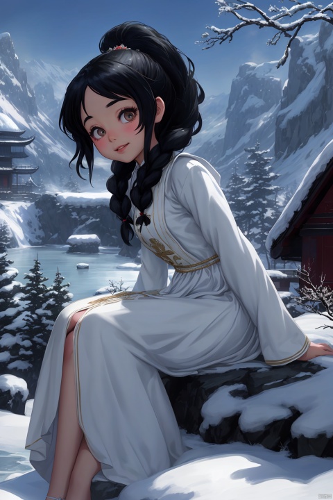 A young girl, with long black hair in a ponytail, big eyes, a plump figure, a smile on her face, dressed in a white long dress and ancient attire, sat quietly gazing at the audience. The winter climate, with snow as the background, features ink style mountains, trees, flowing water, girls, and birds. This is a futuristic environment with a strong fantasy talent. This image has a deep sense of perspective, with the best proportion, 8K - high definition, high resolution, AI Traditional Ink Painting