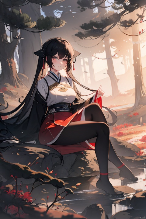 A young girl with jet black double ponytails, big eyes, a plump figure, a smile on her face, wearing a red short skirt, sits quietly gazing at the audience. The forest serves as the background, featuring ink style mountains, trees, forests, girls, and birds. This is a futuristic environment with a strong fantasy talent. This photo has a deep perspective, the best proportion, close ups, 8K high-definition, and high-resolution, AI Traditional Ink Painting