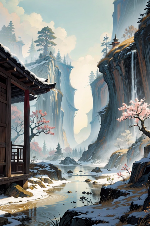Traditional ink painting, wide rivers, rows of forests, mountain waterfalls, Chinese style, ink painting without people, super details, high-definition, high-resolution, AI Traditional Ink Painting