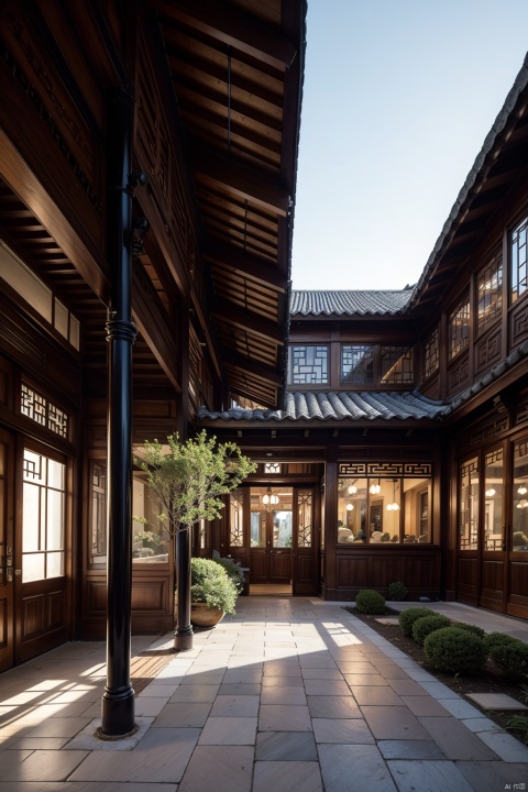 In the distance, there is an ancient Eastern building surrounded by flowers, plants, and trees, with tall door frames, finely carved eaves, blue tiles, wooden structures, and a courtyard covered with bluestone slabs. It is full of unique Chinese style, with super details, perfect proportions, optimal angles, 8K HD, and ultra-high resolution, AI Chinese Style