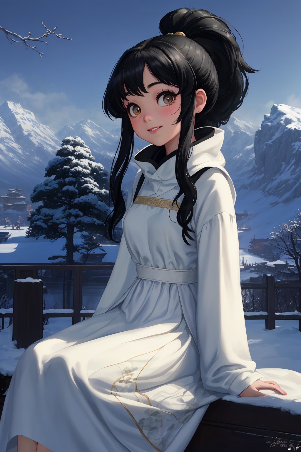 A young girl, with long black hair in a ponytail, big eyes, a plump figure, a smile on her face, dressed in a white long dress and ancient attire, sat quietly gazing at the audience. The winter climate, with snow as the background, features ink style mountains, trees, flowing water, girls, and birds. This is a futuristic environment with a strong fantasy talent. This image has a deep sense of perspective, with the best proportion, 8K - high definition, high resolution, AI Traditional Ink Painting