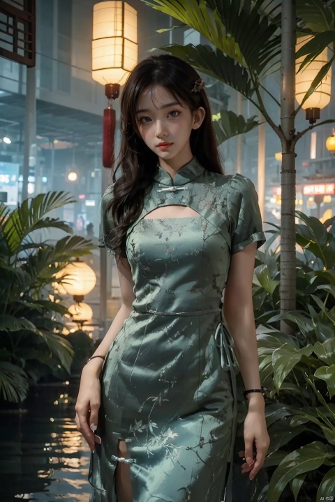  A neon-lit jungle with glowing flora and fauna,where the trees are circuit boards and the rivers flow with liquid light,a beautiful girl,Best quality,masterpiece,ultra high res, Chinese cheongsam, linzhiling