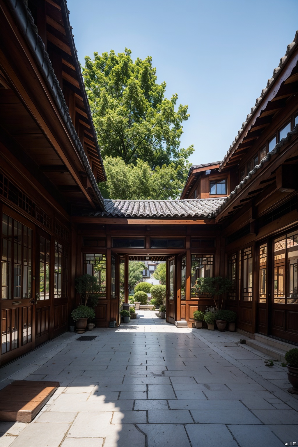 In the distance, there is an ancient Eastern building surrounded by flowers, plants, and trees, with tall door frames, finely carved eaves, blue tiles, wooden structures, and a courtyard covered with bluestone slabs. It is full of unique Chinese style, with super details, perfect proportions, optimal angles, 8K HD, and ultra-high resolution, AI Chinese Style