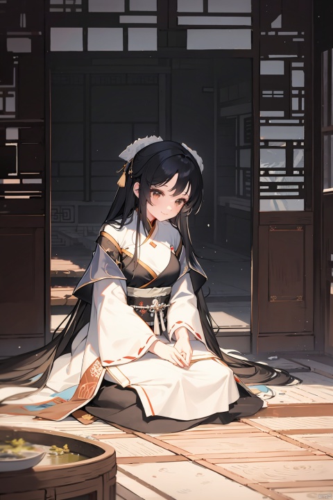 A young girl with long black hair, big eyes, a plump figure, a smile on her face, wearing a white ancient dress, sitting quietly gazing at the audience. The spring climate is set against mountains and rivers, with ink style mountains, trees, flowing water, girls, and birds as its characteristics. This is a futuristic environment with a strong fantasy talent. This photo has a deep perspective, the best proportion, close ups, 8K HD, and high resolution, AI Traditional Ink Painting