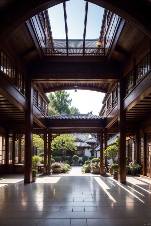 In the distance, there is an ancient Eastern building surrounded by flowers, plants, and trees, with tall door frames, finely carved eaves, blue tiles, wooden structures, and a courtyard covered with bluestone slabs. It is full of unique Chinese style, with super details, perfect proportions, optimal angles, 8K HD, and ultra-high resolution, AI Chinese Style