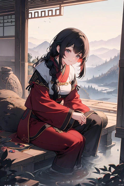 A young girl with jet black double ponytailed hair, big eyes, a plump figure, a smile on her face, wearing a red dress, sits quietly gazing at the audience. The spring climate is set against the backdrop of mountains and rivers, with ink style mountains, trees, flowing water, girls, and birds as its characteristics. This is a futuristic environment with a strong talent for fantasy. This photo has a deep perspective, the best proportion, close ups, 8K high definition, and high resolution, AI Traditional Ink Painting