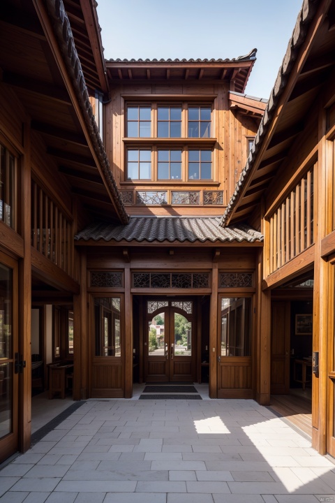 There is an ancient Eastern building in front of us, with tall door frames, finely carved eaves, ((with red tiles on the roof)), wooden structure, and a courtyard covered with bluestone slabs. The red tone is full of unique Chinese style, with super details, perfect proportions, optimal angles, 8K HD, and ultra-high resolution, AI Chinese Style