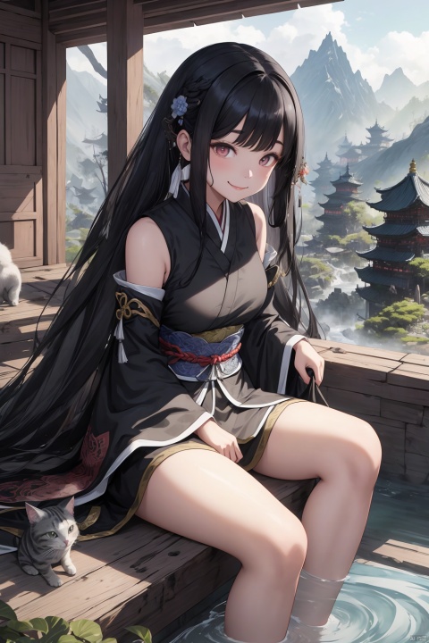 A young girl with long black hair, big eyes, a plump figure, a smiling expression, holding a mischievous and cute gray cat in her hand, sitting quietly, watching the audience. The landscape background, ink style, mountains, trees, flowing water, girls, cats, birds, flowers, grass, pavilions, corridors, the future world, super fantasy, depth of field effect, the best proportion, 8K HD, high-resolution, AI Traditional Ink Painting,AI Ink Landscape