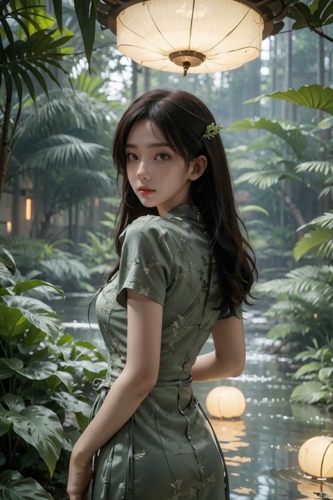  A neon-lit jungle with glowing flora and fauna,where the trees are circuit boards and the rivers flow with liquid light,a beautiful girl,Best quality,masterpiece,ultra high res, Chinese cheongsam, linzhiling