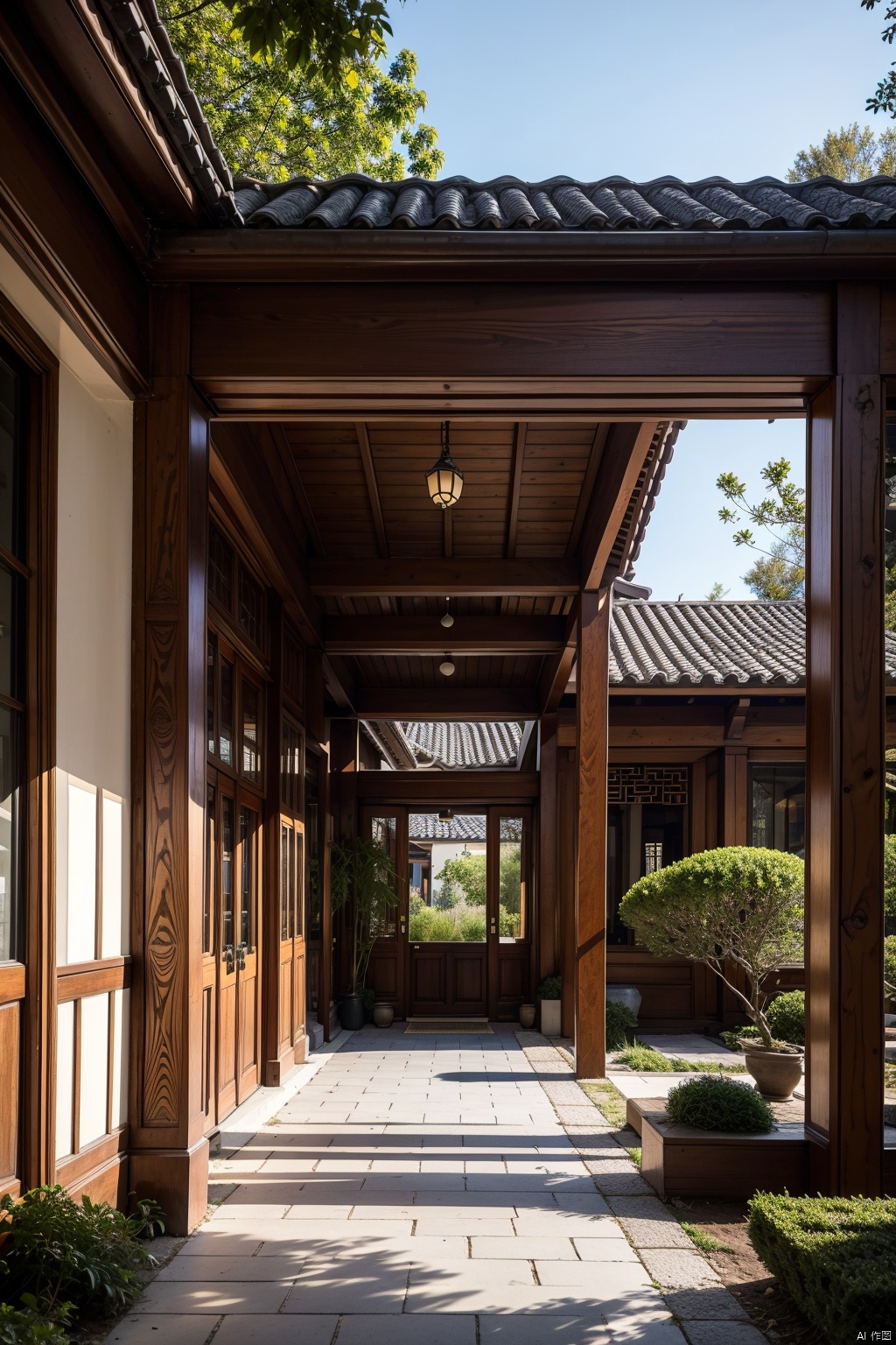 In the distance, there is an ancient Eastern building surrounded by flowers, plants, and trees, with tall door frames, finely carved eaves, blue tiles, wooden structures, and a courtyard covered with bluestone slabs. It is full of unique Chinese style, with super details, perfect proportions, optimal angles, 8K HD, and ultra-high resolution, AI Chinese Style