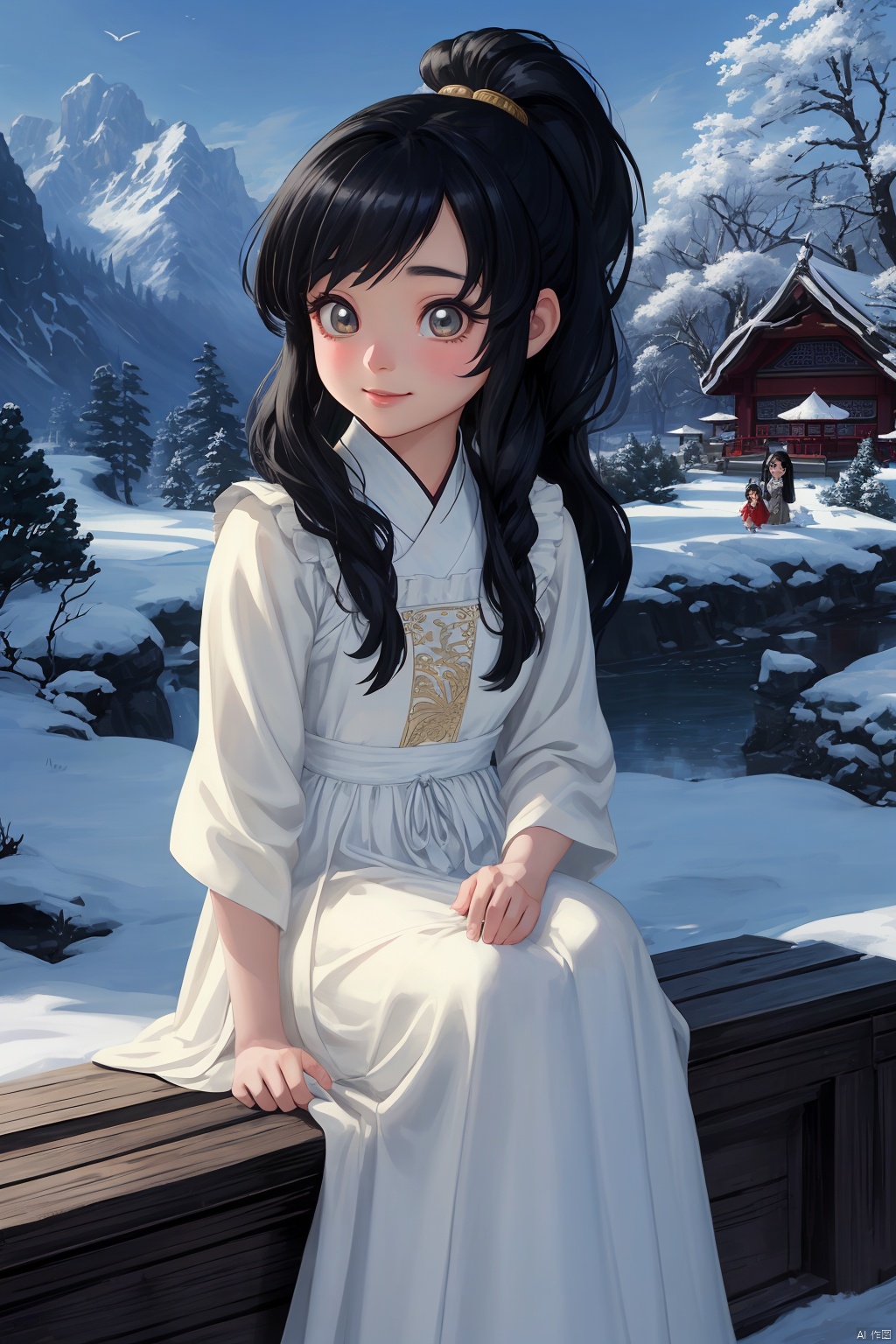 A young girl, with long black hair in a ponytail, big eyes, a plump figure, a smile on her face, dressed in a white long dress and ancient attire, sat quietly gazing at the audience. The winter climate, with snow as the background, features ink style mountains, trees, flowing water, girls, and birds. This is a futuristic environment with a strong fantasy talent. This image has a deep sense of perspective, with the best proportion, 8K - high definition, high resolution, AI Traditional Ink Painting