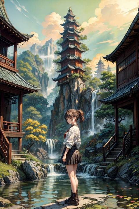 Below the white clouds lies a distant mountain jungle, surrounded by an ancient building surrounded by a forest. Standing in front of me is a beautiful and charming little girl wearing a white shirt and a black short skirt. In the cool autumn season, this place is full of golden painting style. The waterfall in the mountains flows with fine water, and there is a small path paved with stone slabs in front of me. A thick and large tree is behind the girl, and ink painting is used. The colorful scene is exquisitely crafted with the best proportion, 8K high-definition, and ultra-high resolution, AI Ink Landscape, AI Chinese Style