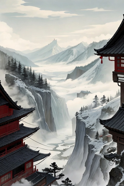 Traditional ink painting, wide rivers, rows of forests, mountain waterfalls, Chinese style, ink painting without people, super details, high-definition, high-resolution, AI Traditional Ink Painting