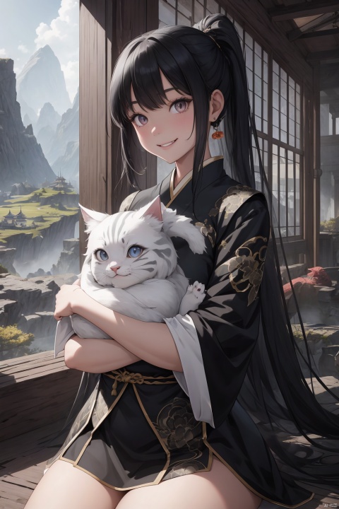 A young girl with long black hair in a pony tail, large eyes, and a plump figure, wearing a smile, holds a playful gray cat in her arms, quietly sitting and gazing at the audience. The landscape serves as the backdrop, featuring ink-style mountains, trees, flowing water, girls, cats, birds, flowers, grass, a futuristic setting, with a super-fantasy flair. The image features a deep sense of perspective, with optimal proportions, rendered in, 8K HD, high-resolution, AI Traditional Ink Painting