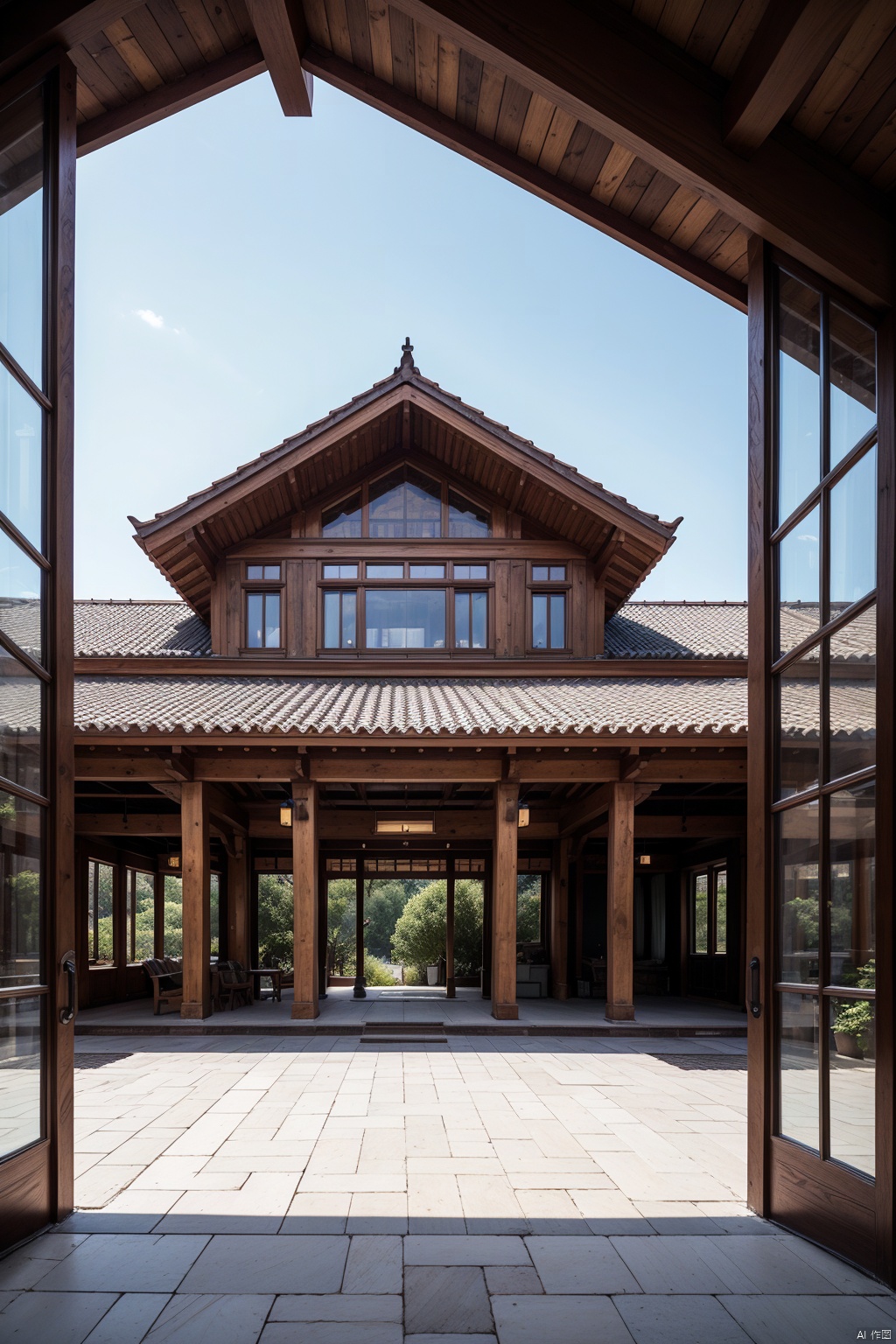 There is an ancient Eastern building in front of us, with tall door frames, finely carved eaves (with red tiles on the roof), wooden structure, and a courtyard covered with bluestone slabs. The red tone is full of unique Chinese style, with super details, perfect proportions, optimal angles, 8K HD, and ultra-high resolution, AI Chinese Style