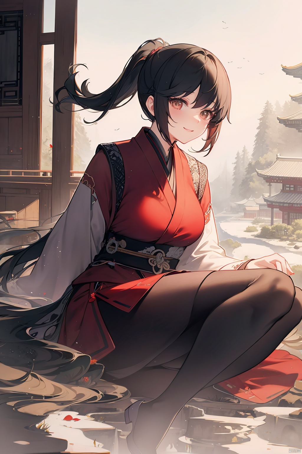 A young girl with jet black double ponytails, big eyes, a plump figure, a smile on her face, wearing a red short skirt, sits quietly gazing at the audience. The forest serves as the background, featuring ink style mountains, trees, forests, girls, and birds. This is a futuristic environment with a strong fantasy talent. This photo has a deep perspective, the best proportion, close ups, 8K high-definition, and high-resolution, AI Traditional Ink Painting