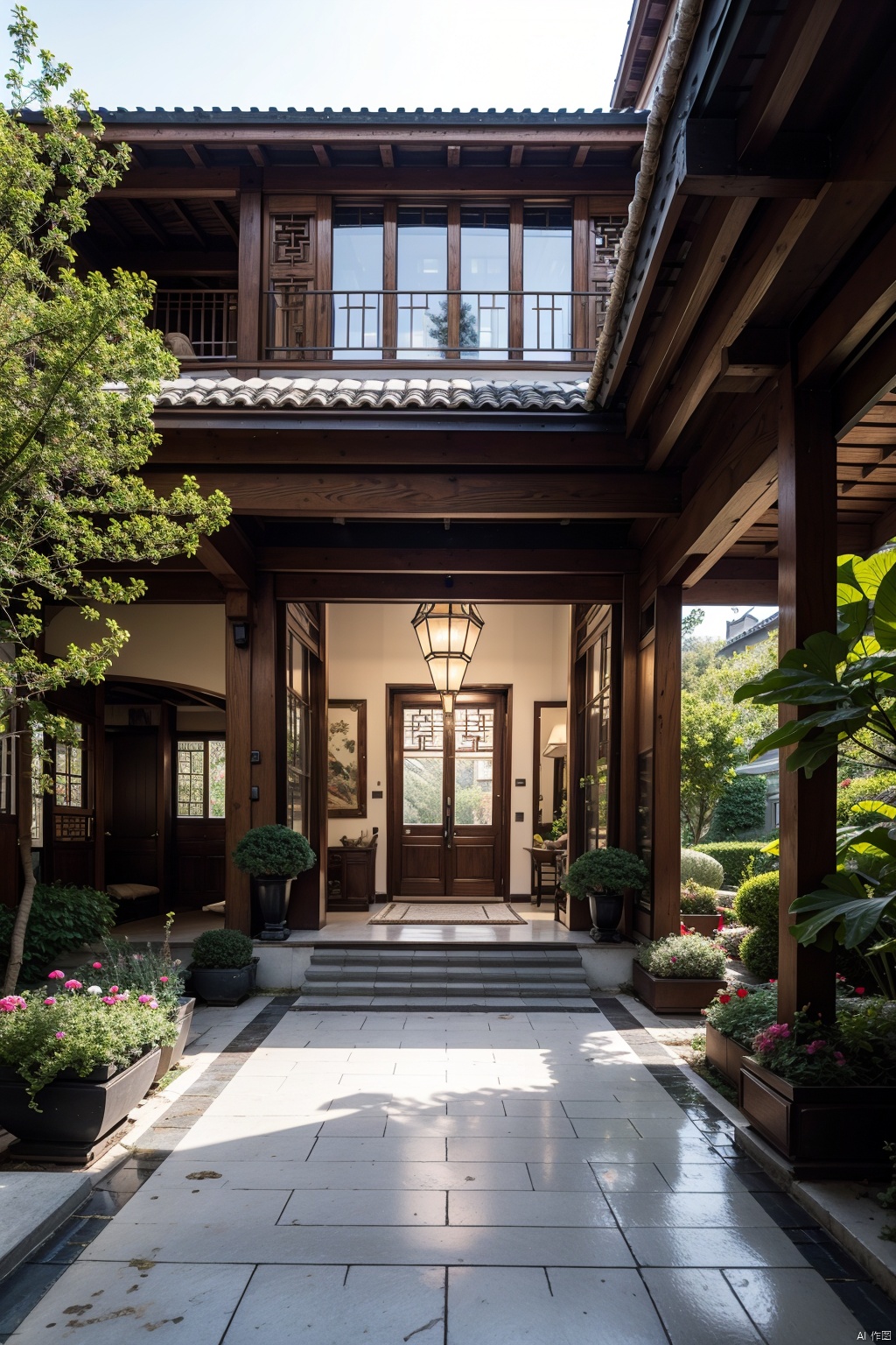 In the distance, there is an ancient Eastern building surrounded by flowers, plants, and trees, with tall door frames, finely carved eaves, blue tiles, wooden structures, and a courtyard covered with bluestone slabs. It is full of unique Chinese style, with super details, perfect proportions, optimal angles, 8K HD, and ultra-high resolution, AI Chinese Style