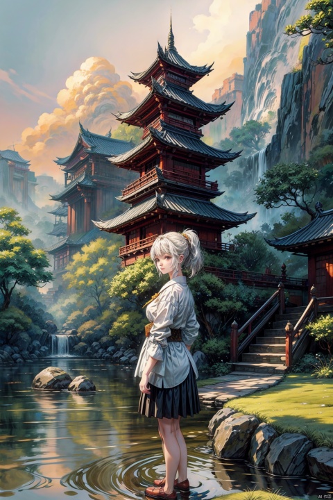 Below the white clouds lies a distant mountain jungle, surrounded by an ancient building surrounded by a forest. Standing in front of me is a beautiful and charming little girl wearing a white shirt and a black short skirt. In the cool autumn season, this place is full of golden painting style. The waterfall in the mountains flows with fine water, and there is a small path paved with stone slabs in front of me. A thick and large tree is behind the girl, and ink painting is used. The colorful scene is exquisitely crafted with the best proportion, 8K high-definition, and ultra-high resolution, AI Ink Landscape, AI Chinese Style